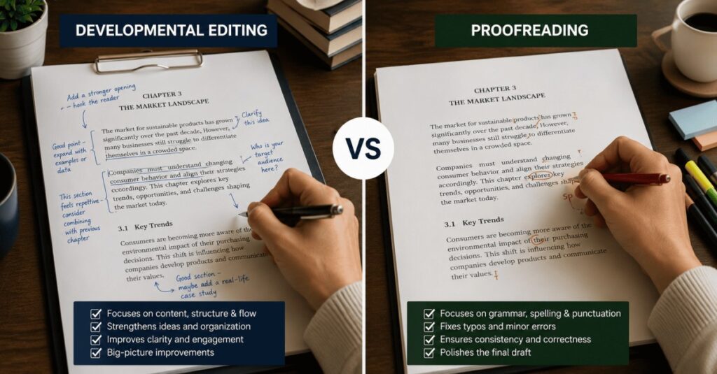 difference between developmental editing and proofreading